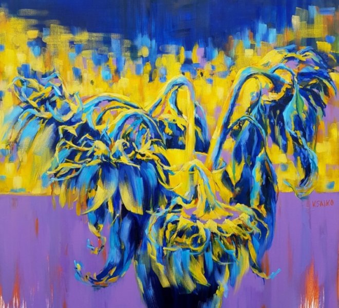 Sunflowers in vase, 36 x 36 inch, oil on canvas