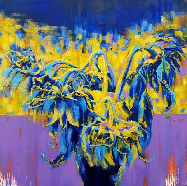 Sunflowers in vase, 36 x 36 inch, oil on canvas