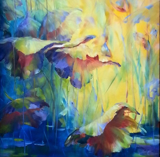 Sunset in Lotus Pond, 30 x 40 inch, oil on canvas