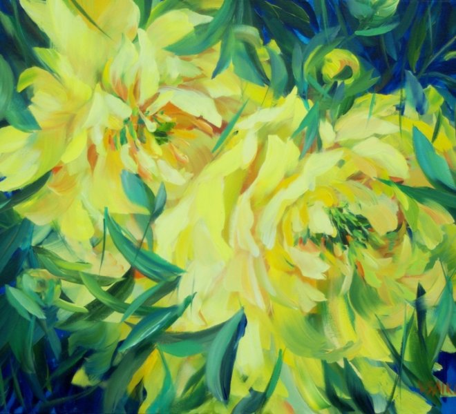 Yellow Peonies. Couple, 30 x 24 inch, oil on canvas, SOLD